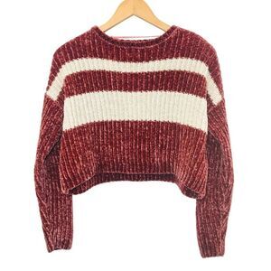 LA Hearts Cropped Striped Chenille Pullover Sweater Small Red White